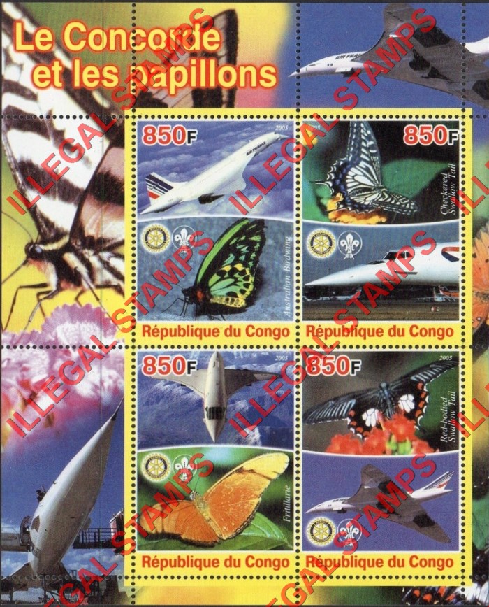 Congo Republic 2005 Concorde and Butterflies Illegal Stamp Souvenir Sheet of 4