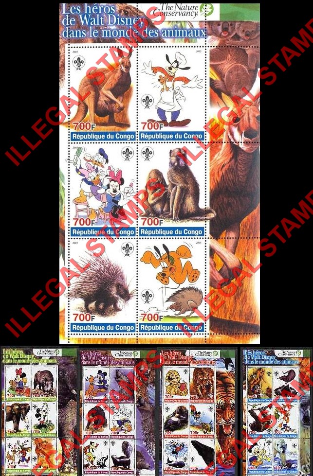 Congo Republic 2005 Disney Heroes and Animals (Nature Conservancy) Illegal Stamp Souvenir Sheets of 6