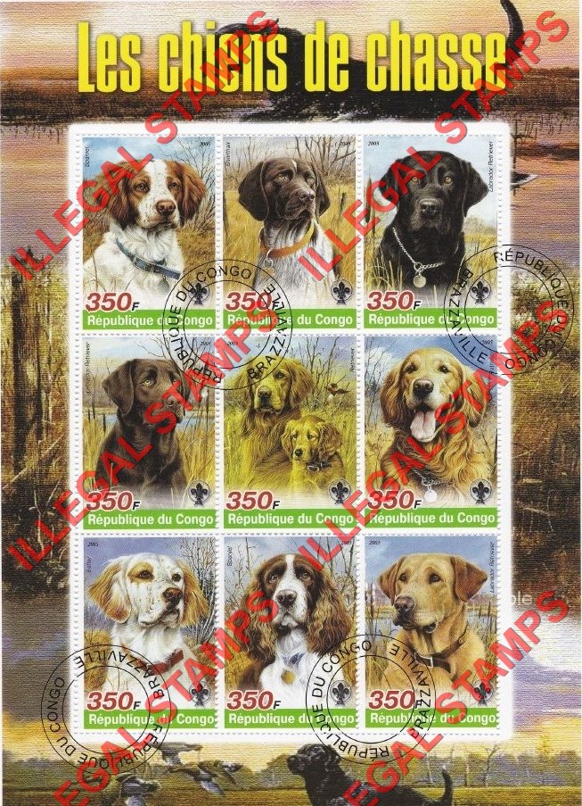Congo Republic 2005 Dogs Illegal Stamp Sheetlet of 9