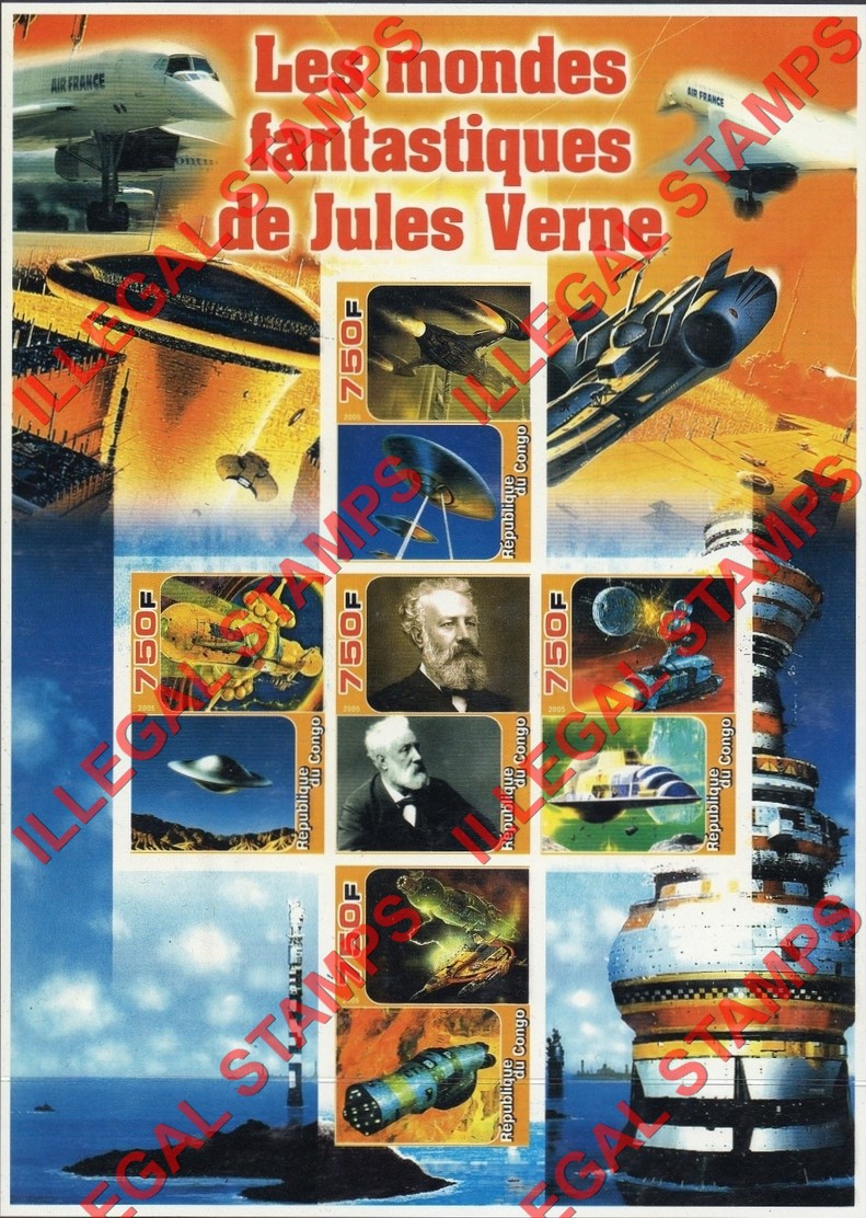 Congo Republic 2005 Jules Verne Illegal Stamp Souvenir Sheet of 5