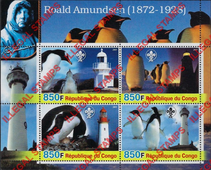 Congo Republic 2005 Roald Amundsen and Penguins Illegal Stamp Souvenir Sheet of 4