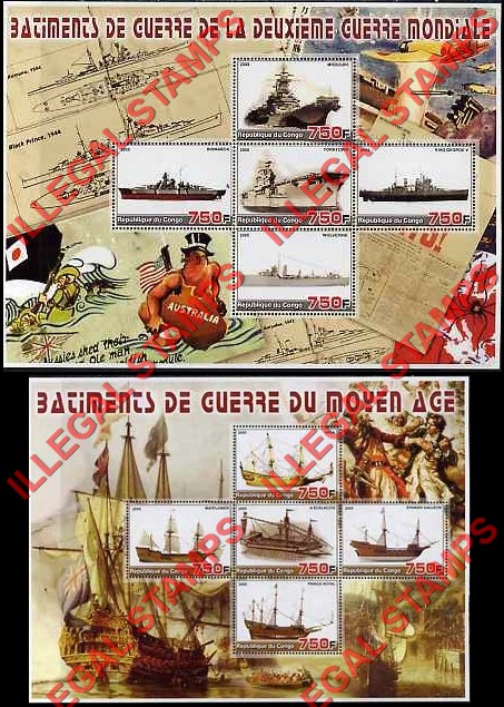 Congo Republic 2005 War Ships Illegal Stamp Souvenir Sheets of 4