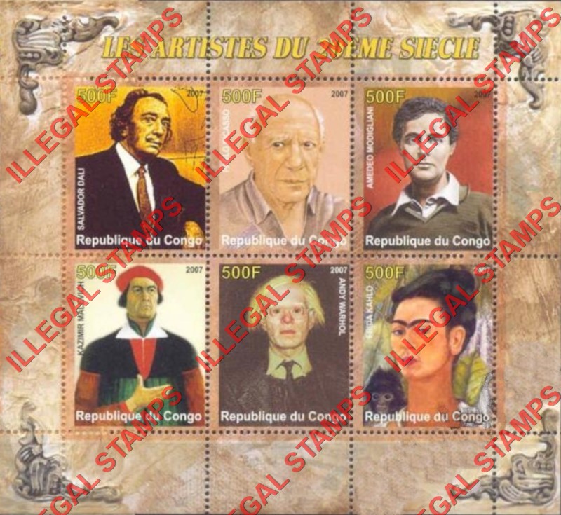 Congo Republic 2007 Artists Illegal Stamp Souvenir Sheet of 6