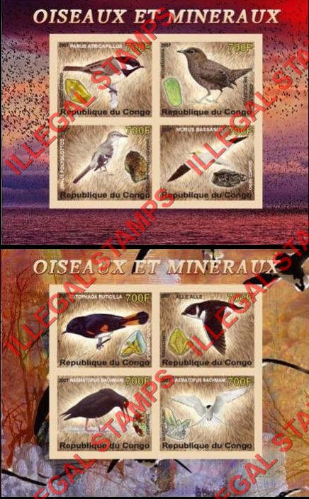 Congo Republic 2007 Birds and Minerals Illegal Stamp Souvenir Sheets of 4