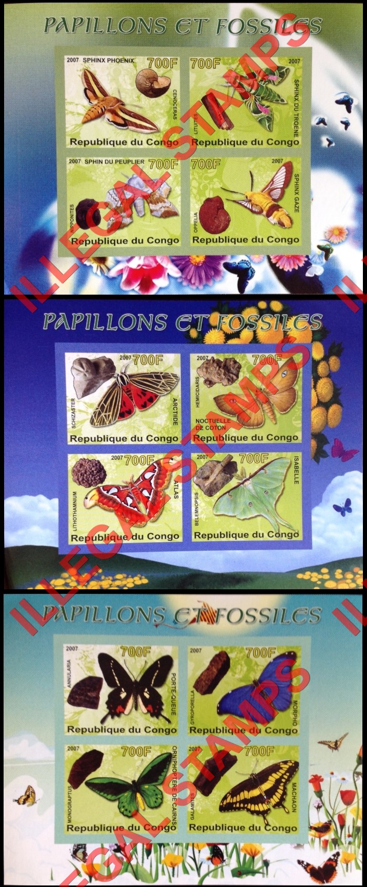 Congo Republic 2007 Butterflies and Fossils Illegal Stamp Souvenir Sheets of 4