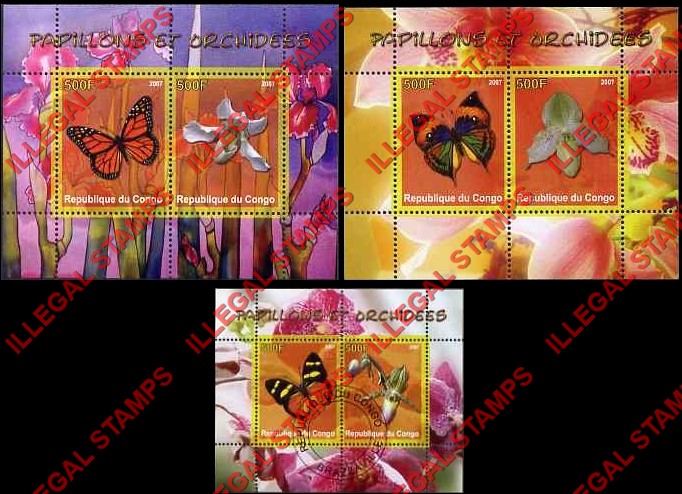Congo Republic 2007 Butterflies and Orchids Illegal Stamp Souvenir Sheets of 2