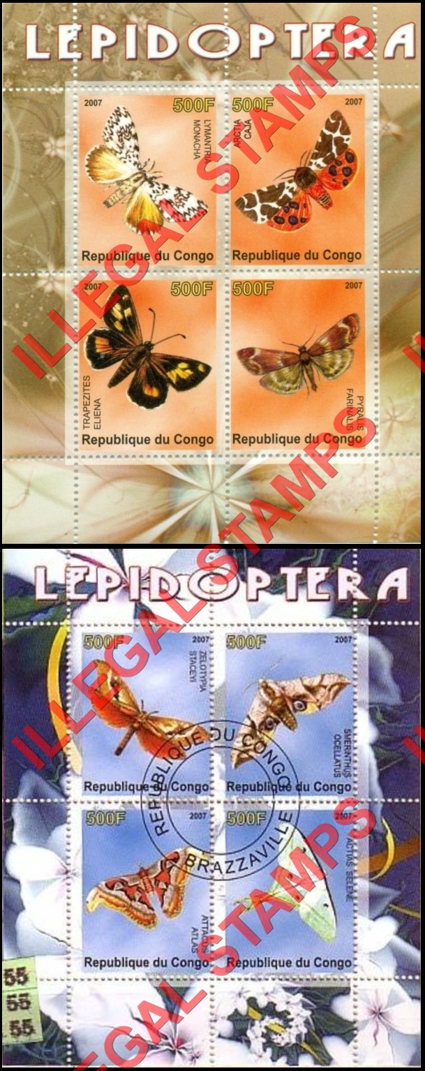 Congo Republic 2007 Butterflies Illegal Stamp Souvenir Sheets of 4