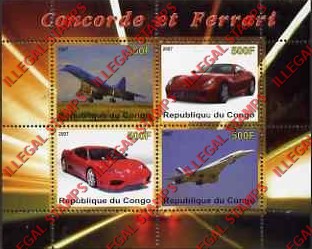 Congo Republic 2007 Concorde and Ferrari Illegal Stamp Souvenir Sheet of 4