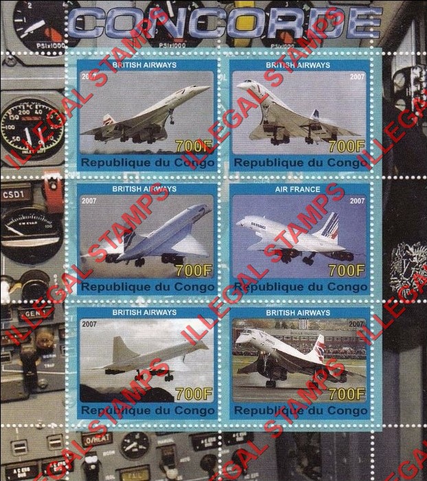 Congo Republic 2007 Concorde Illegal Stamp Souvenir Sheet of 6