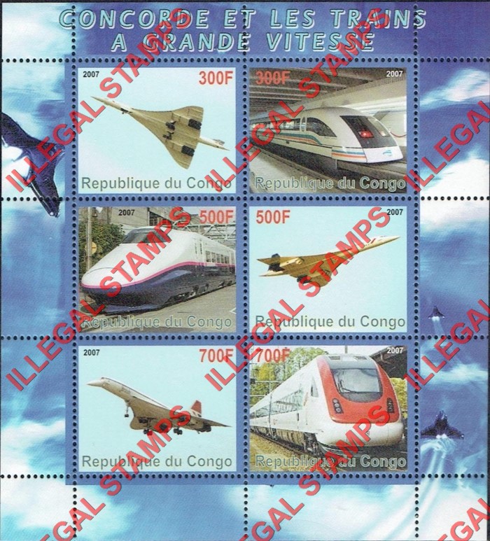Congo Republic 2007 Concorde and Trains Illegal Stamp Souvenir Sheet of 6