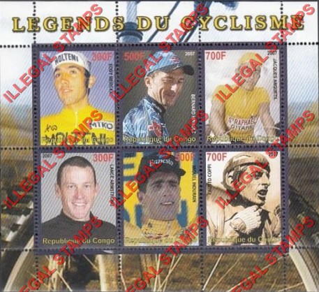 Congo Republic 2007 Cycling Legends Illegal Stamp Souvenir Sheet of 6