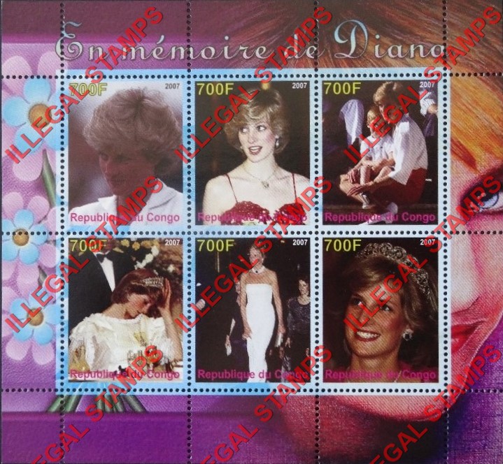 Congo Republic 2007 Princess Diana Illegal Stamp Souvenir Sheet of 6