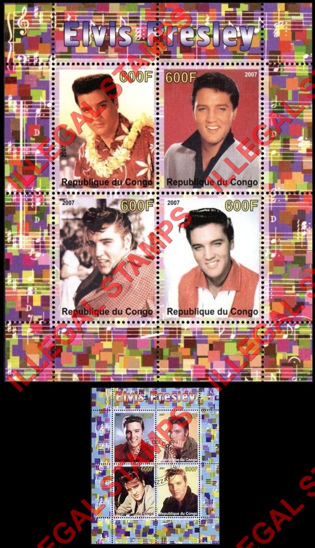 Congo Republic 2007 Elvis Presley Illegal Stamp Souvenir Sheets of 4