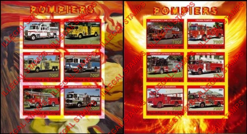 Congo Republic 2007 Fire Engines Illegal Stamp Souvenir Sheets of 6