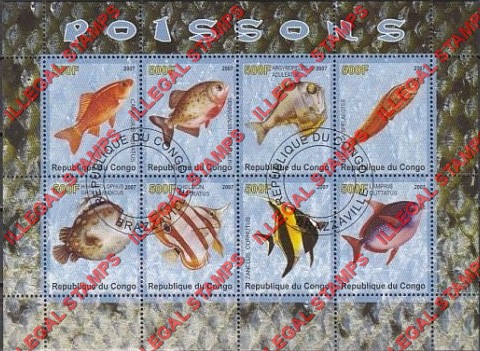 Congo Republic 2007 Fish Illegal Stamp Souvenir Sheet of 8