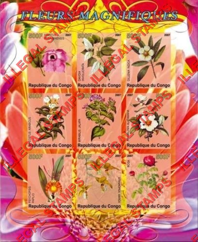 Congo Republic 2007 Flowers Illegal Stamp Sheetlet of 9
