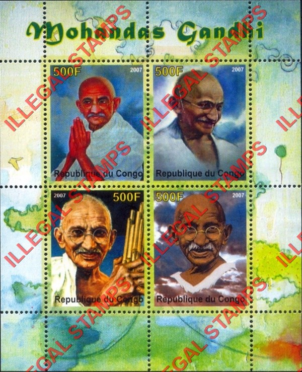 Congo Republic 2007 Gandhi Illegal Stamp Souvenir Sheet of 4