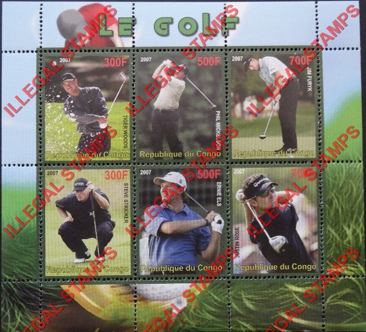 Congo Republic 2007 Golf Illegal Stamp Souvenir Sheet of 6