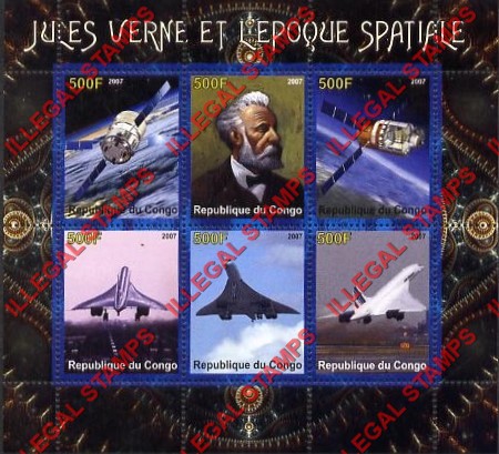 Congo Republic 2007 Jules Verne Space and Concorde Illegal Stamp Souvenir Sheet of 6