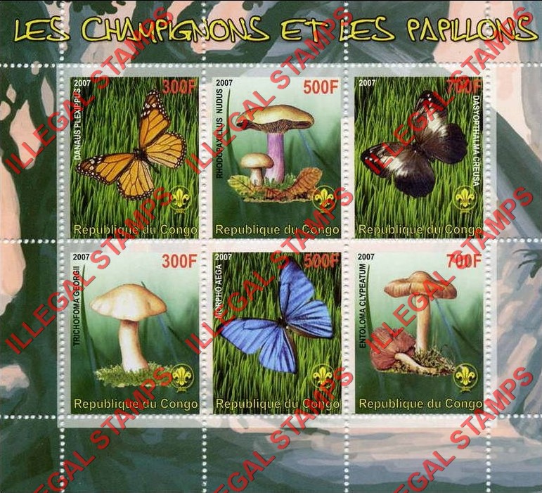 Congo Republic 2007 Mushrooms and Butterflies Illegal Stamp Souvenir Sheet of 6