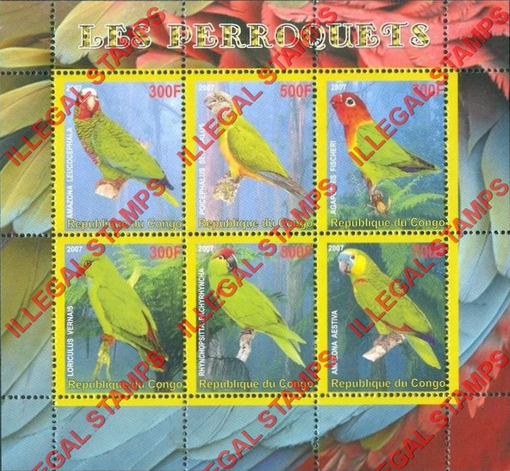 Congo Republic 2007 Parrots Illegal Stamp Souvenir Sheet of 6