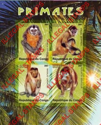 Congo Republic 2007 Primates Monkeys Illegal Stamp Souvenir Sheet of 4