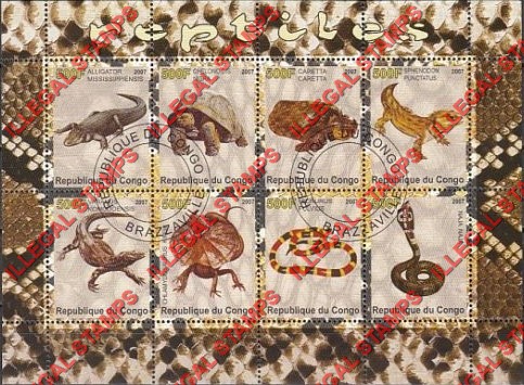 Congo Republic 2007 Reptiles Illegal Stamp Souvenir Sheet of 8