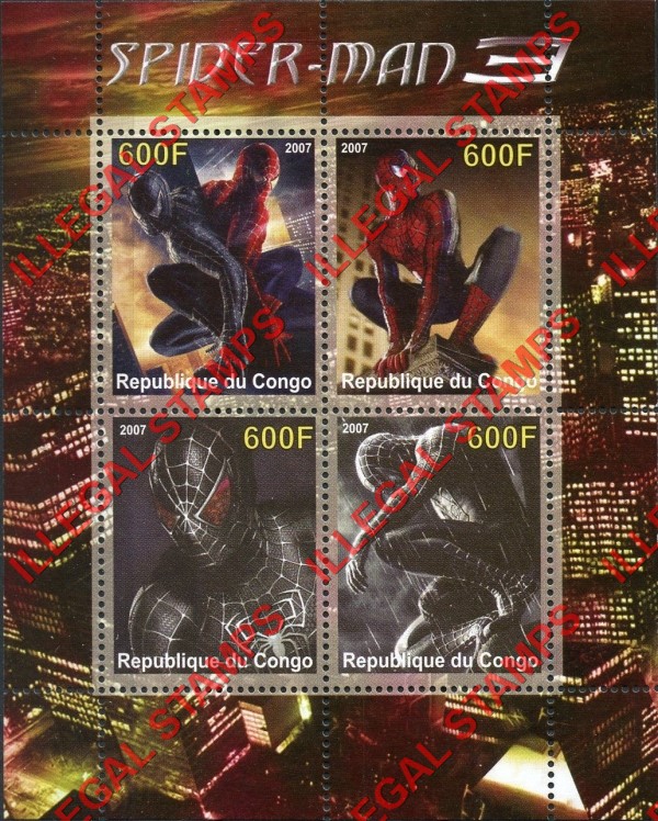 Congo Republic 2007 Spiderman Illegal Stamp Souvenir Sheet of 4
