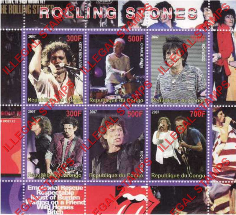 Congo Republic 2007 The Rolling Stones Illegal Stamp Souvenir Sheet of 6