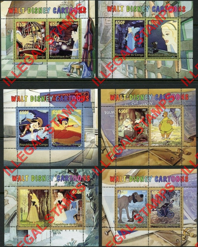 Congo Republic 2007 Walt Disney Cartoons Illegal Stamp Souvenir Sheets of 2