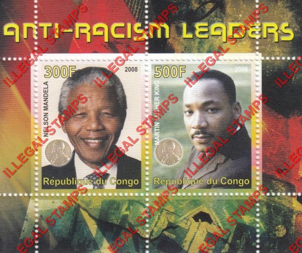 Congo Republic 2008 Anti-racism Nelson Mandela and Martin Luther King Illegal Stamp Souvenir Sheet of 2