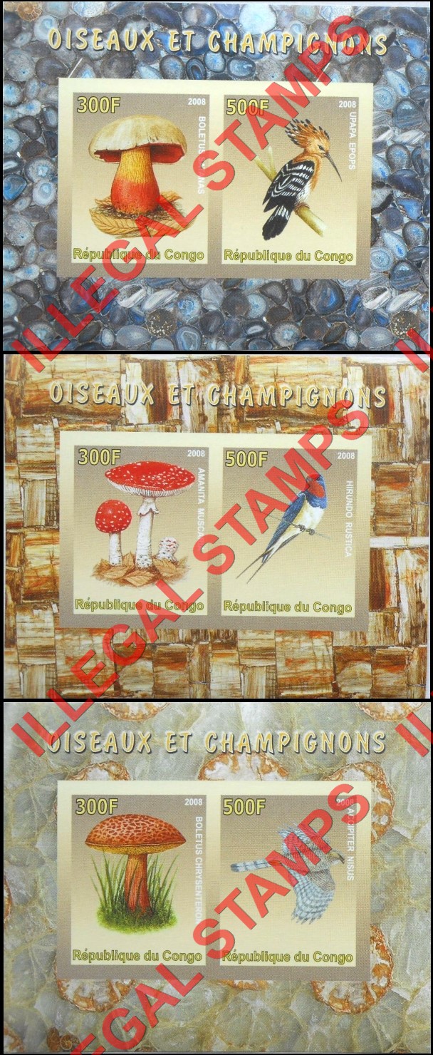 Congo Republic 2008 Birds and Mushrooms Illegal Stamp Souvenir Sheets of 2
