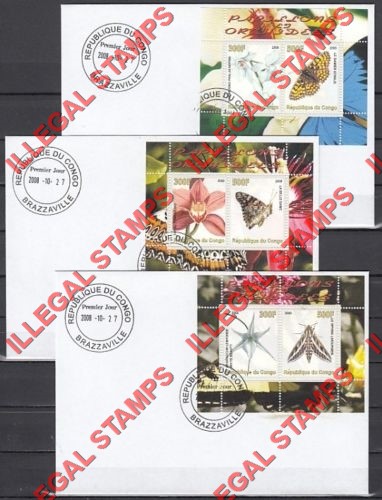 Congo Republic 2008 Butterflies and Orchids Illegal Stamp Souvenir Sheets of 2 on Fake First Day Covers