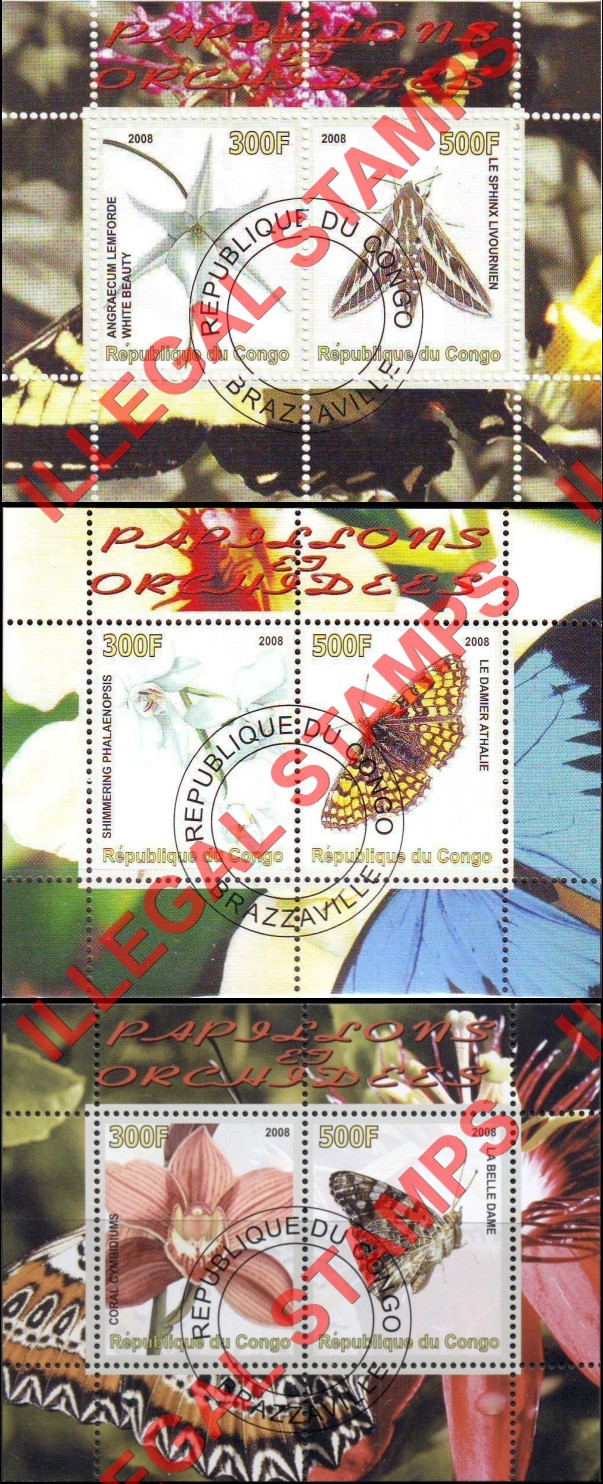 Congo Republic 2008 Butterflies and Orchids Illegal Stamp Souvenir Sheets of 2