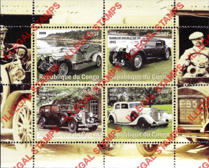 Congo Republic 2008 Classic Cars Illegal Stamp Souvenir Sheet of 4