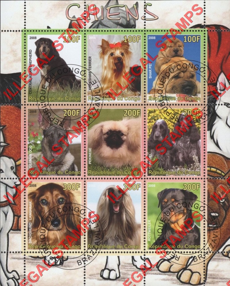 Congo Republic 2008 Dogs Illegal Stamp Sheetlet of 9