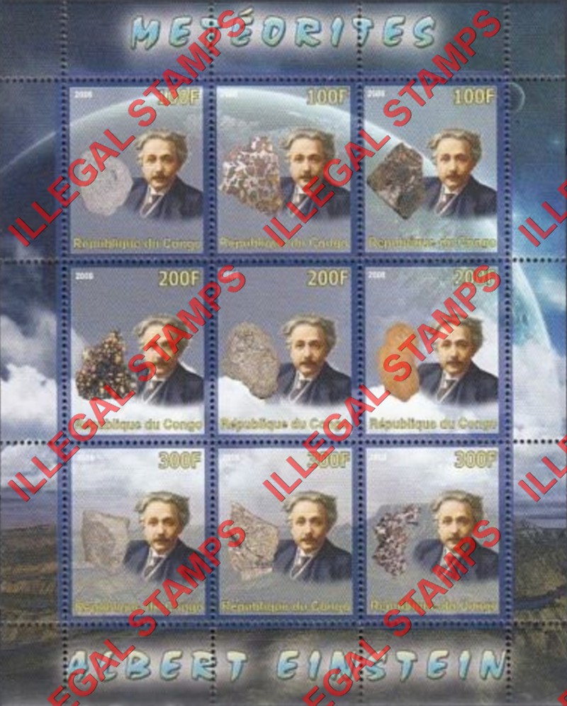 Congo Republic 2008 Albert Einstein Meteorites Illegal Stamp Sheetlet of 9
