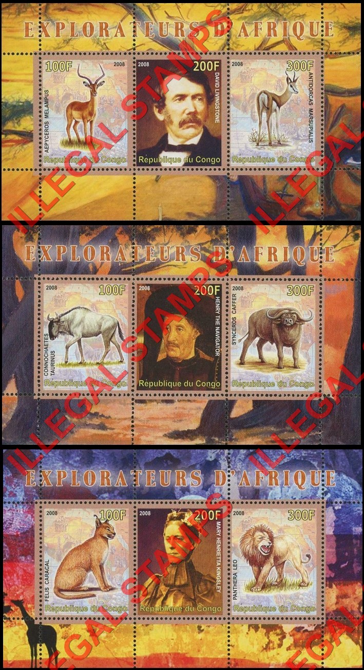 Congo Republic 2008 Explorers of Africa and Animals Illegal Stamp Souvenir Sheets of 3 (Part 1)
