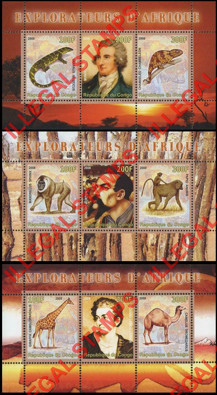 Congo Republic 2008 Explorers of Africa and Animals Illegal Stamp Souvenir Sheets of 3 (Part 2)