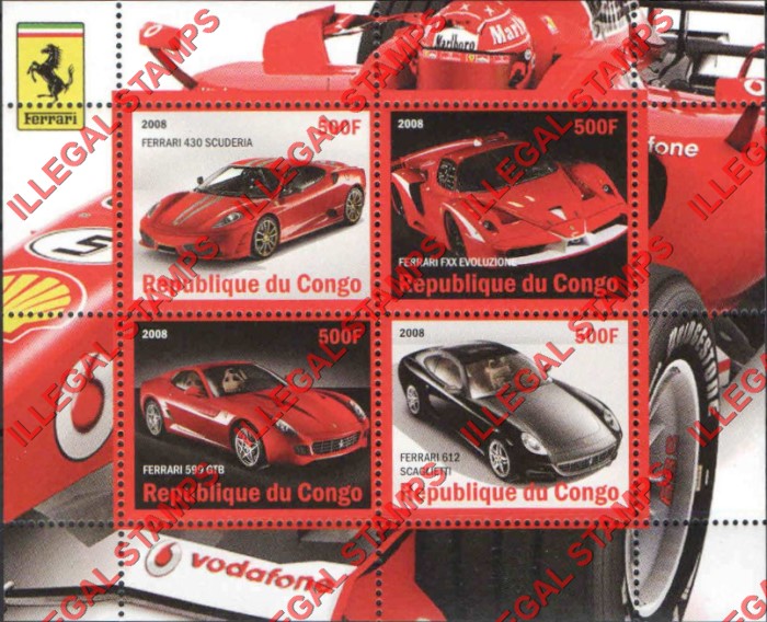 Congo Republic 2008 Ferrari Illegal Stamp Souvenir Sheet of 4