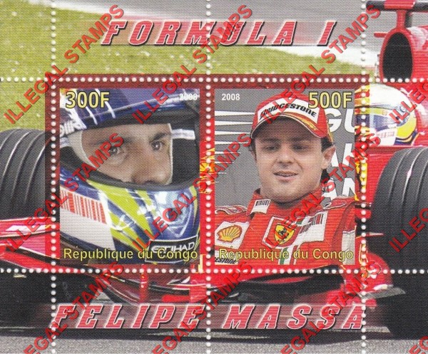 Congo Republic 2008 Formula I Felipe Massa Illegal Stamp Souvenir Sheet of 2