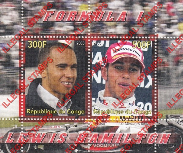 Congo Republic 2008 Formula I Lewis Hamilton Illegal Stamp Souvenir Sheet of 2