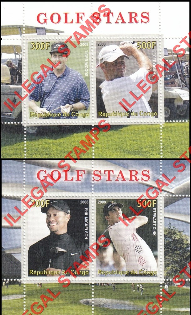 Congo Republic 2008 Golf Stars Illegal Stamp Souvenir Sheets of 2