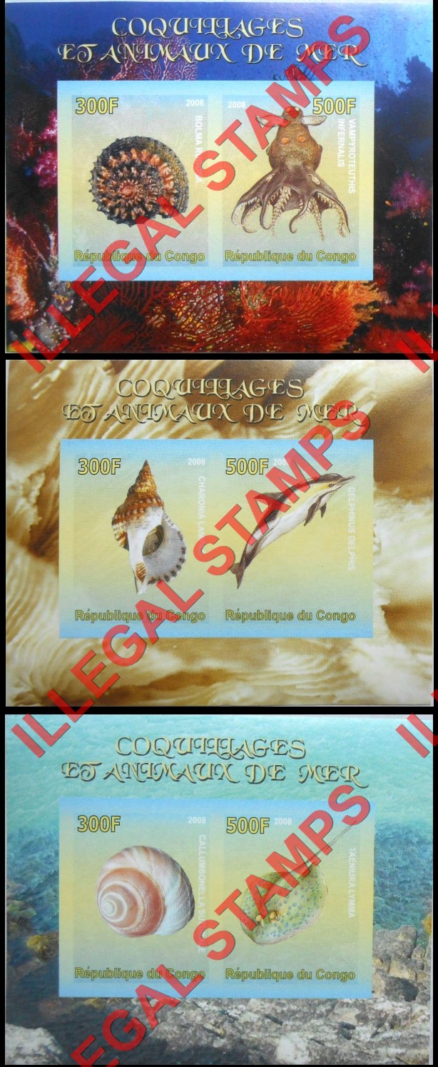 Congo Republic 2008 Sea Shells and Sea Animals Illegal Stamp Souvenir Sheets of 2