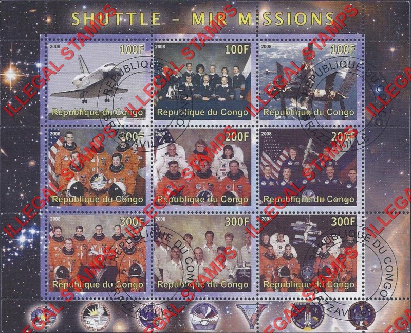 Congo Republic 2008 Space Shuttle MIR Missions Illegal Stamp Sheetlet of 9