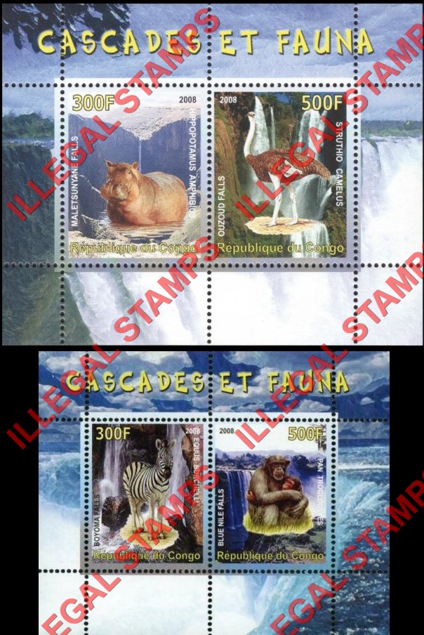 Congo Republic 2008 Waterfalls and Fauna Illegal Stamp Souvenir Sheets of 2