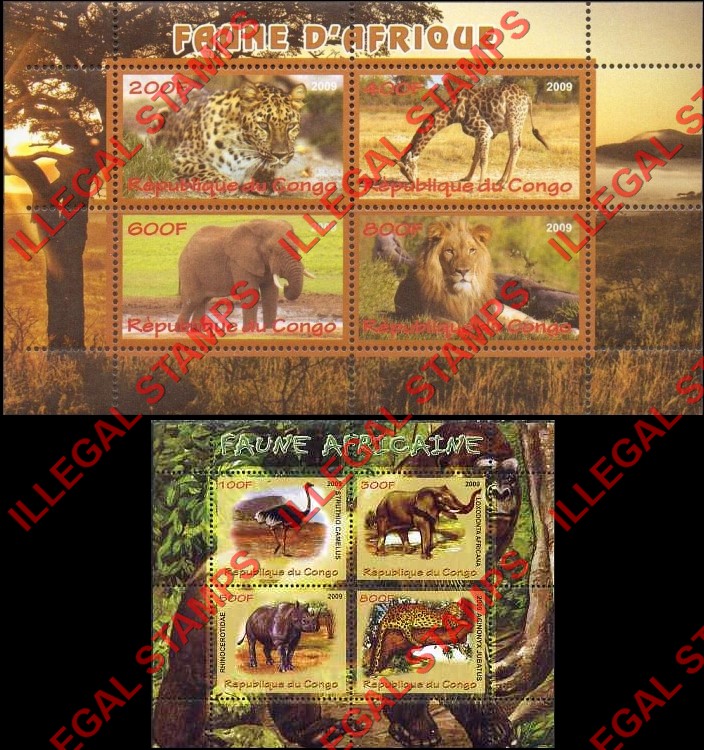 Congo Republic 2009 African Fauna Animals Illegal Stamp Souvenir Sheets of 4