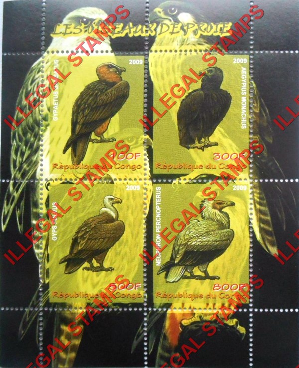 Congo Republic 2009 Birds of Prey Illegal Stamp Souvenir Sheet of 4