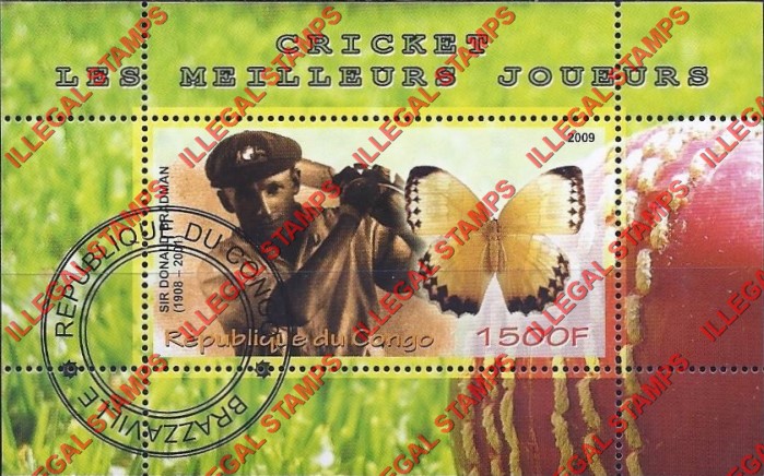 Congo Republic 2009 Sir Donald Bradman Cricket Player and Butterfly Illegal Stamp Souvenir Sheet of 1