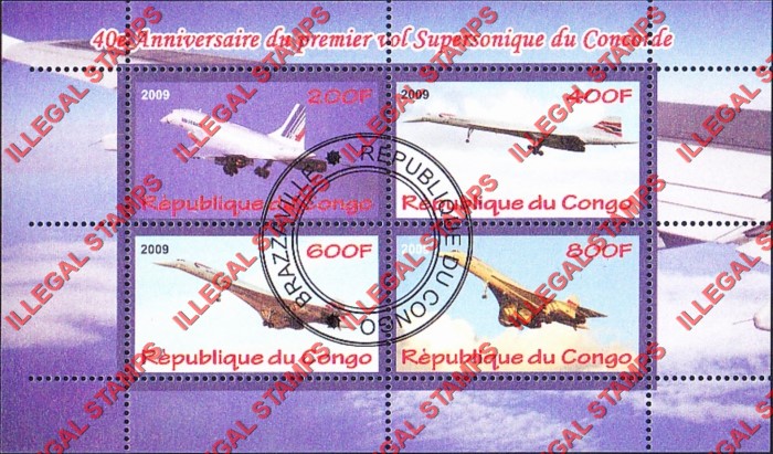 Congo Republic 2009 Concorde 40th Anniversary Illegal Stamp Souvenir Sheet of 4